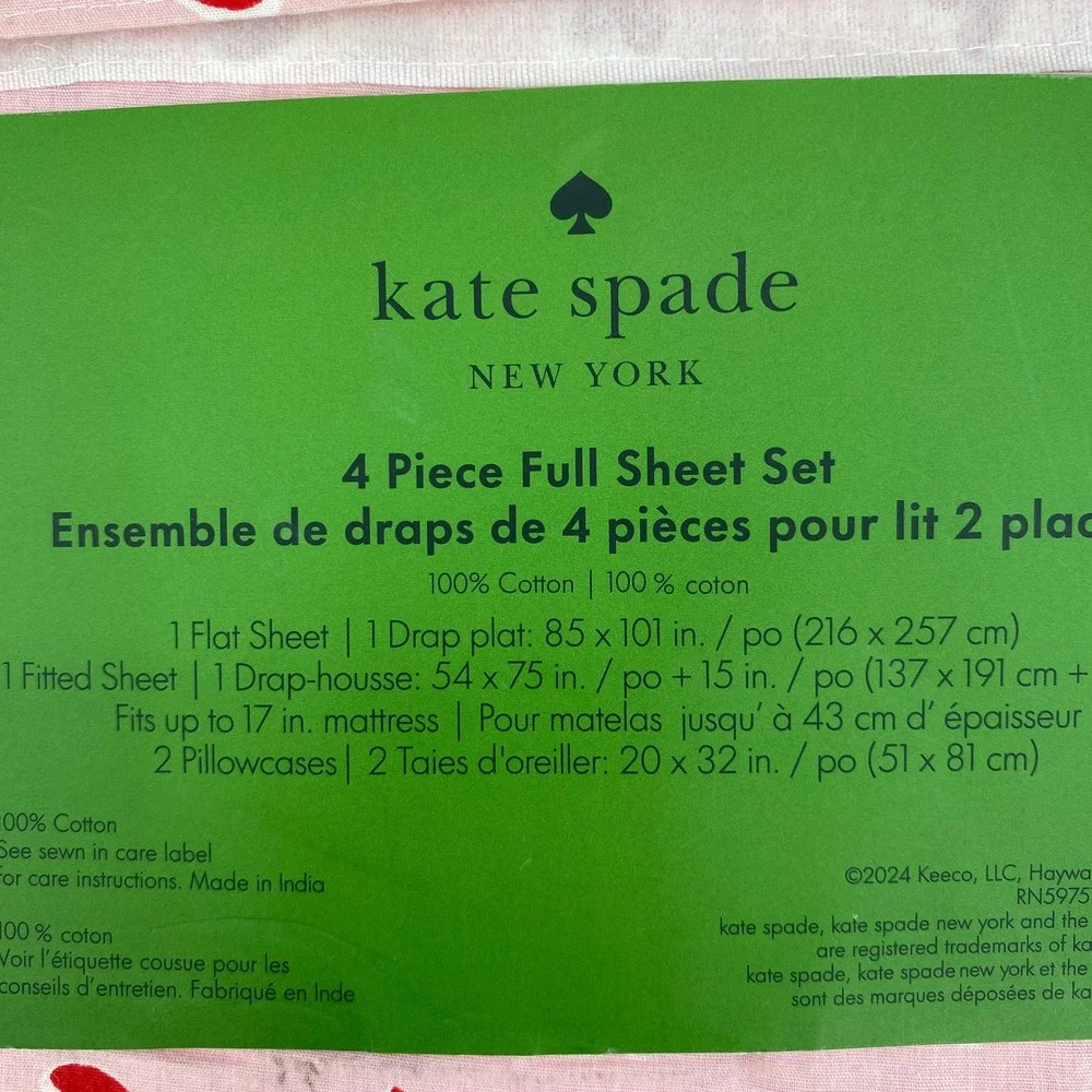 Kate Spade Sheet Set FULL Pink Red Brushstroke Hearts 100% Cotton Valentines